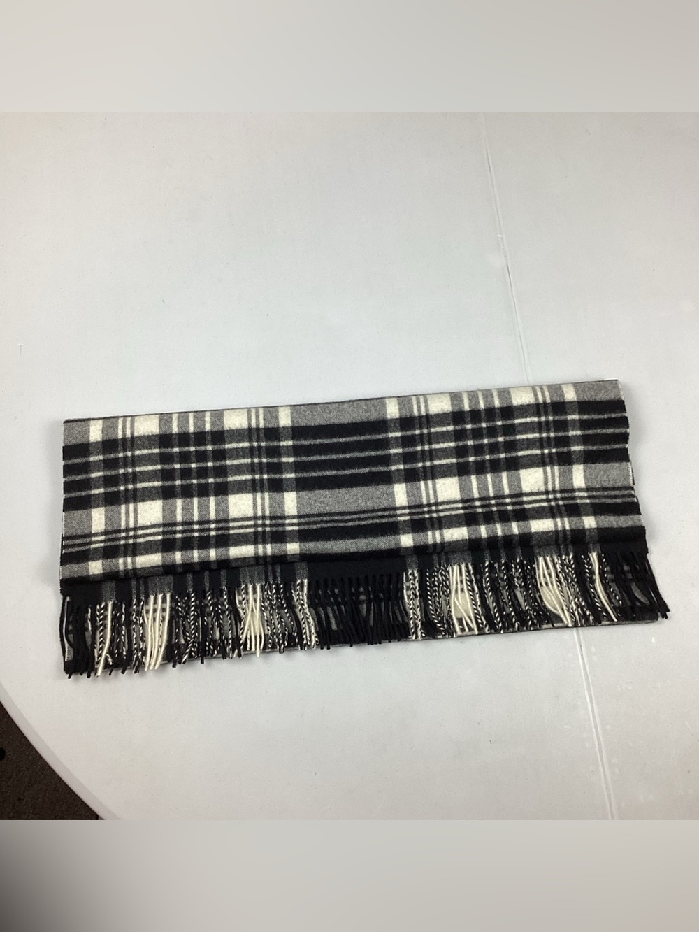 100% Cashmere Scarf Wrap Scotland Black Cream Tartan Fringe Large 78 X 26